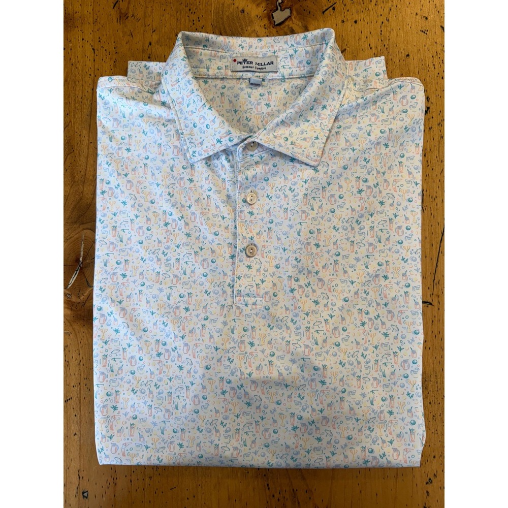 Peter Millar Summer Comfort Size L Mens all over print Golf Polo Shirt White